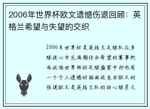 2006年世界杯欧文遗憾伤退回顾：英格兰希望与失望的交织
