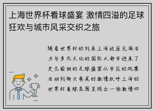 上海世界杯看球盛宴 激情四溢的足球狂欢与城市风采交织之旅