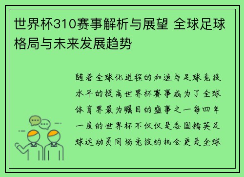 世界杯310赛事解析与展望 全球足球格局与未来发展趋势
